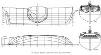 Рис. 129. Бриг «Меркурий». Схематический чертеж, вид с носа и с кормы