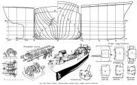 Рис. 148. Танкер «Пекин». Теоретический чертеж, вид с кормы, детали и мостики